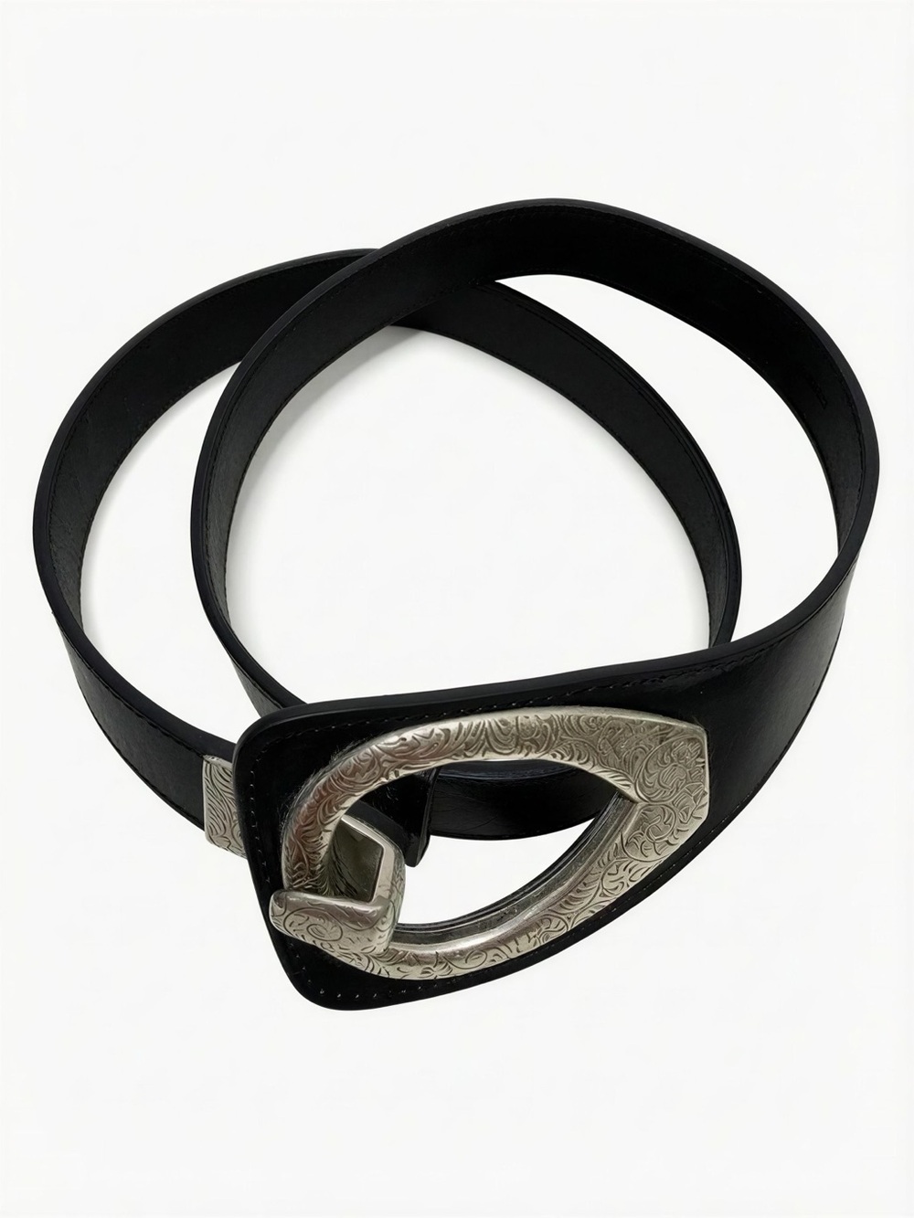 Vintage Black Women's Leather Belt with Ornate Silver Buckle - S/M